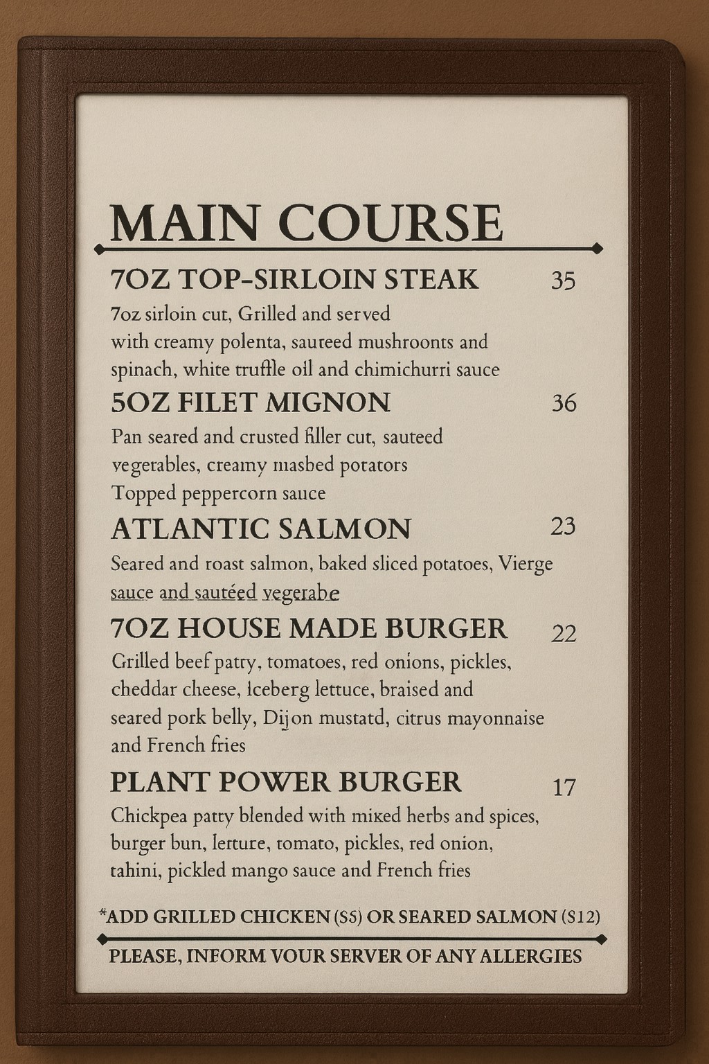 MAIN COURSE ALL FRESH MEAT FROM OUR FARM